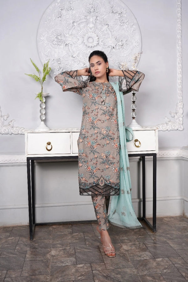Printed unstitched lawn shirt and chiffon dupatta with embroidered patches مالیار by zeeshah