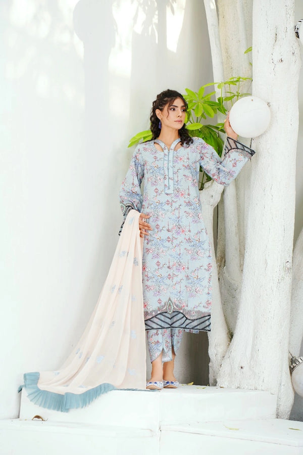 3pcs unstitched lawn all over suit with chiffon dupatta patches