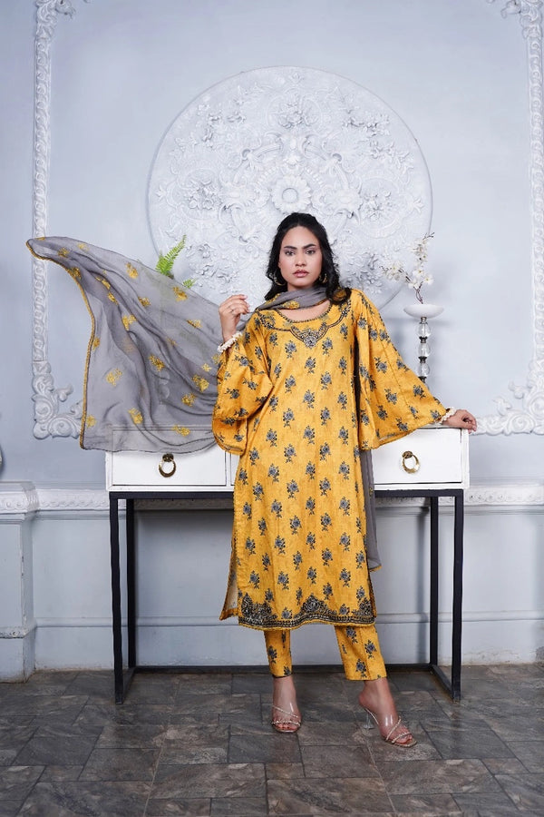 مالیار by zeeshah unstitched printed lawn shirt , embroidery patches with chiffon dupatta