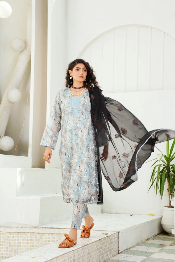 پشتون unstitched 3 pcs suit chiffon dupatta and patches